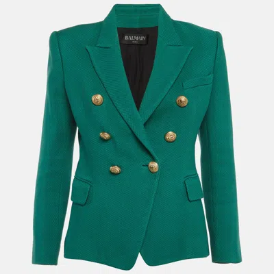Pre-owned Balmain Green Cotton Basketweave Double Breasted Blazer M