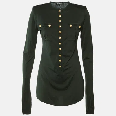 Pre-owned Balmain Green Cotton Button Detail Long Sleeve Top M