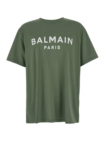 BALMAIN BALMAIN MEN GREEN CREWNECK T-SHIRT WITH LOGO LETTERING ON THE FRONT IN COTTON MAN