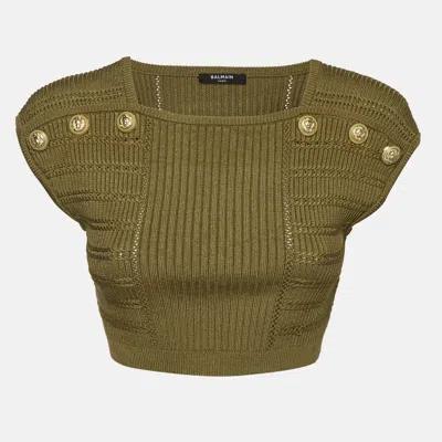 Pre-owned Balmain Green Knit Sleeveless Crop Top S