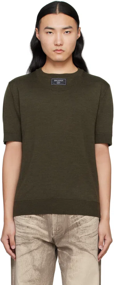 Balmain Green Knit Two Collar T-shirt In 7em Vert Fonce