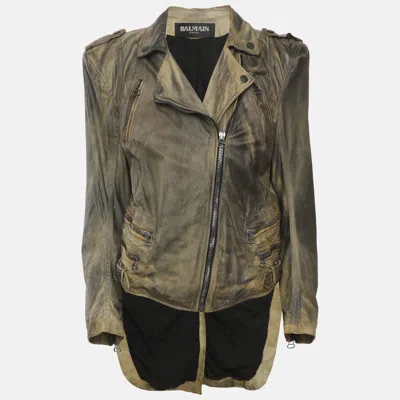 Pre-owned Balmain Green Leather Biker Jacket S