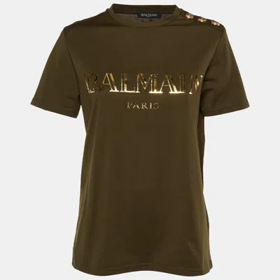 Pre-owned Balmain Green Logo Print Cotton Button Detail T-shirt M