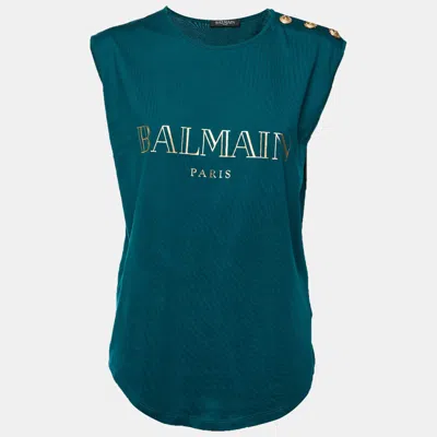 Pre-owned Balmain Green Logo Print Jersey Button Detail Sleeveless T-shirt M