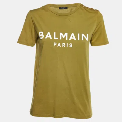 Pre-owned Balmain Green Logo Printed Cotton Buttons Detail Half Sleeve T-shirt S
