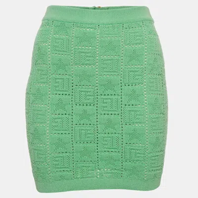 Pre-owned Balmain Green Monogram Pointelle Knit Zip-up Mini Skirt S