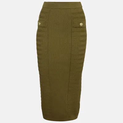 Pre-owned Balmain Green Rib Knit Button Embellished Pencil Skirt Xl