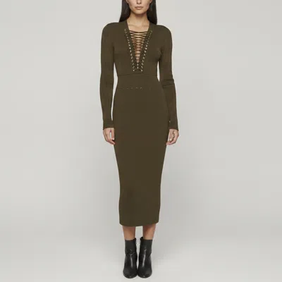Pre-owned Balmain Green Rib Knit Lace Up Neckline Detail Midi Dress S