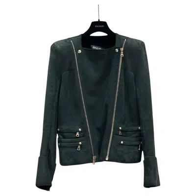Pre-owned Balmain Green Shearling Biker Jacket - Size 38
