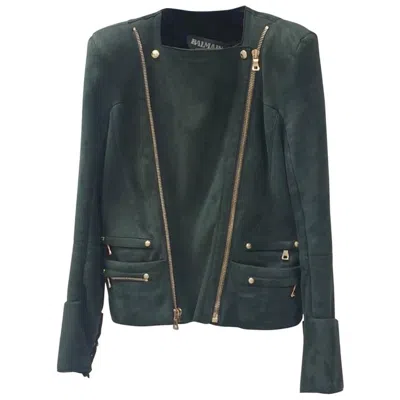 Pre-owned Balmain Green Shearling Biker Style Leather Jacket