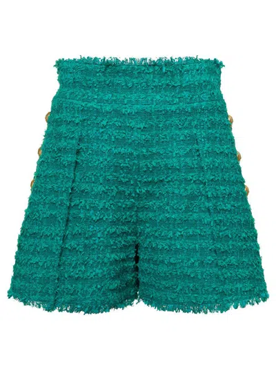 BALMAIN GREEN SHORTS HIGH WAIST WITH PINCES AND FRINGED HEM