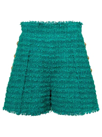 BALMAIN GREEN SHORTS HIGH WAIST WITH PINCES AND FRINGED HEM IN TWEED WOMAN