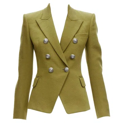 Pre-owned Balmain Green Silver Lion Button Double Breasted Military Blazer Jacket Fr36 S