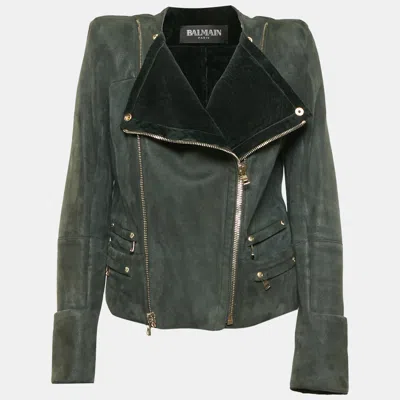 Pre-owned Balmain Green Suede Shearling Biker Jacket L