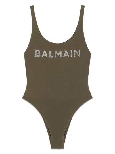 Balmain Green Swimsuit With Rhinestone Logo In Gray