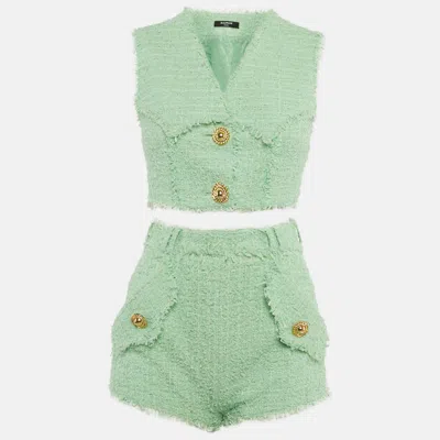 Pre-owned Balmain Green Tweed Crop Top & Mini Shorts Set S