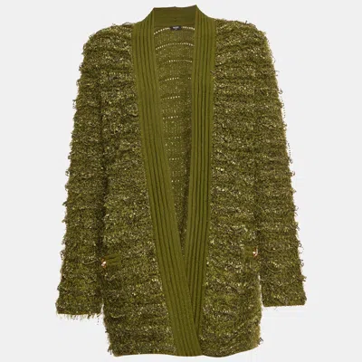 Pre-owned Balmain Green Tweed Longline Cardigan M