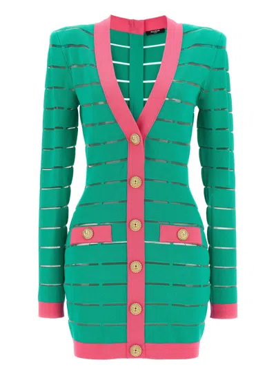 BALMAIN GREEN TWO-TONE KNIT DRESS