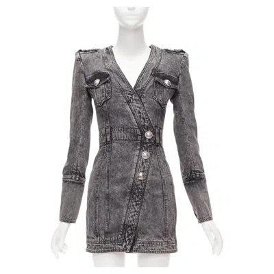 Pre-owned Balmain Grey Acid Washed Denim Button Embellished Wrapped Mini Dress Fr34 Xs In Gray