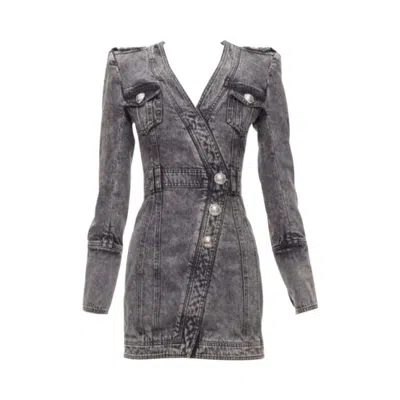 Pre-owned Balmain Grey Acid Washed Denim Button Embellished Wrapped Mini Dress Fr34 Xs In Gray