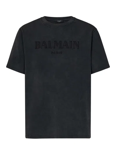 BALMAIN GREY COTTON T-SHIRT WITH LOGO
