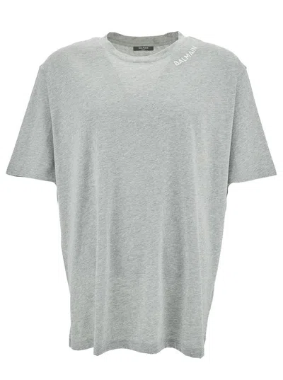 Balmain Grey Crewneck T-shirt With Contrasting Logo Embroidery In Cotton Man In Gray