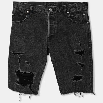 Pre-owned Balmain Grey Distressed Denim Logo Embroidered Shorts M