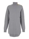 Balmain Grey Dress With High Neck And Metallic Logo Buttons In Cashmere Woman In Gray