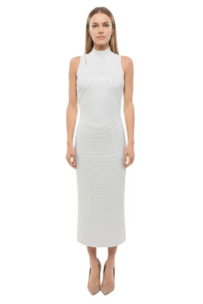 Balmain Grey Embellished Mock Collar Midi Dress In White
