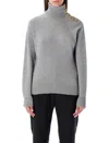 Balmain Grey High-neck Wool Sweater With Gold Buttons In Gray