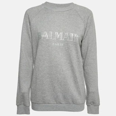 Pre-owned Balmain Grey Logo Print Cotton Jersey Crewneck Sweatshirt M
