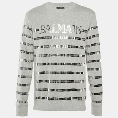 Pre-owned Balmain Grey Metallic Logo Print Cotton Crew Neck Sweatshirt S In Gray