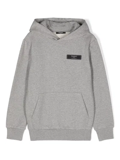 Balmain Kids' Logo-patch Cotton Hoodie In Grey