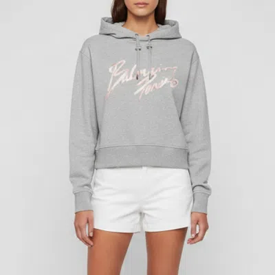 Pre-owned Balmain Grey Printed Jersey Crop Hoodie Xs In Gray