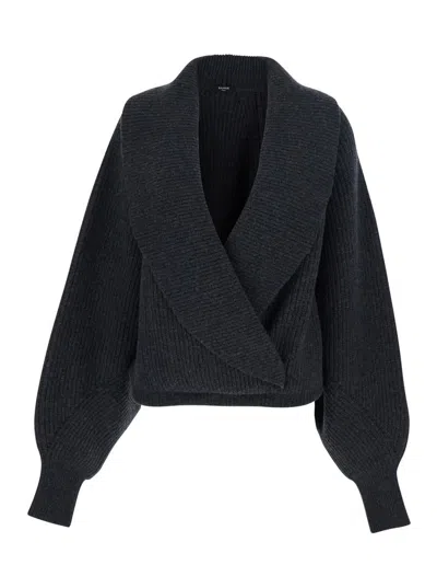 Balmain Grey Sweater With Weap Effect And Wide Revers In Wool Woman In Black