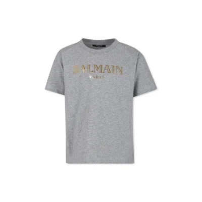 Balmain Grey T-shirt For Kids With Logo In Grigio E Oro