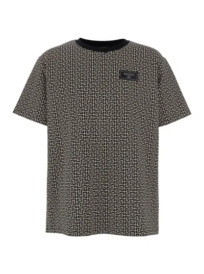 Balmain Grey T-shirt With Logo Applied On The Chest And All-over Labyrinth Motif In Cotton Man In Gray