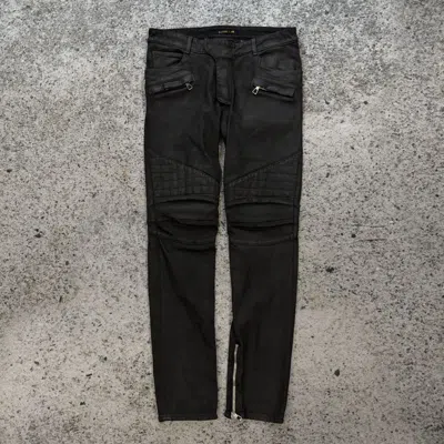 Pre-owned Balmain H&m Runway Waxed Biker Denim Jeans In Black