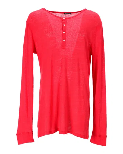 Balmain Half-button Long Sleeve T-shirt In Red Linen