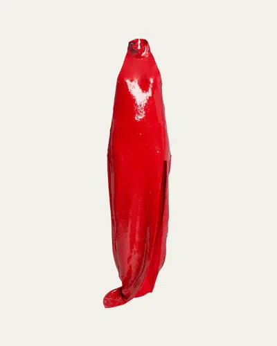 Balmain Halter Long Sequined Gown In Red