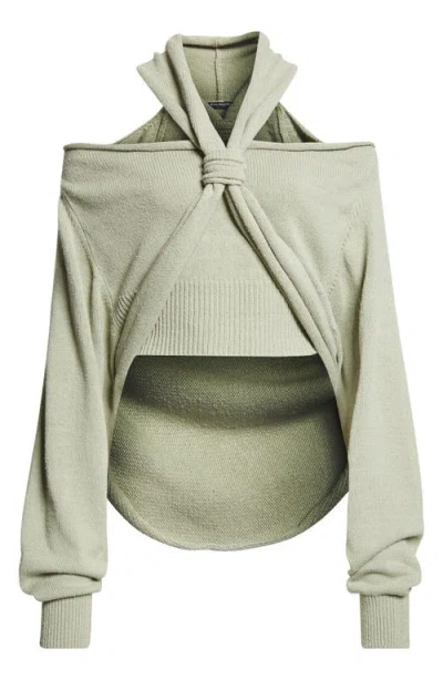 Balmain Halter Neck Cold Shoulder Silk Sweater In Green