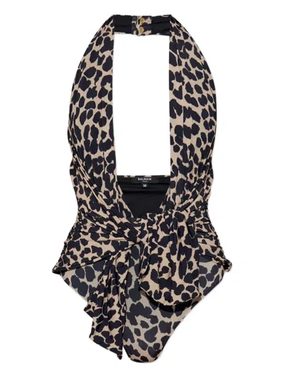 Balmain Halter-neck Leopard-print Swimsuit In Multi
