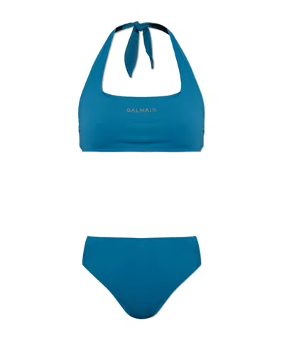 Balmain Halter Neck Two-piece Swimsuit In Blue