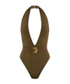 Balmain Pb Buckle Deep V-neck One-piece Swimsuit In Green