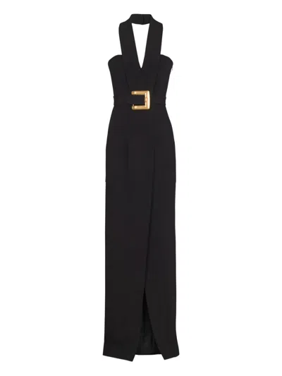 Balmain Belted Paneled Crepe Halterneck Gown In Black
