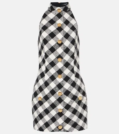 BALMAIN HALTERNECK COTTON-BLEND TWEED MINIDRESS