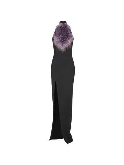 Balmain Halterneck Embroidered Maxi Dress In Purple