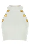 Balmain Halterneck Knit Cropped Top With Gold Buttons In Blanc