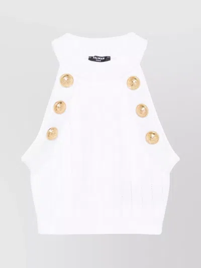 Balmain Halterneck Knit Cropped Top With Gold Buttons In White
