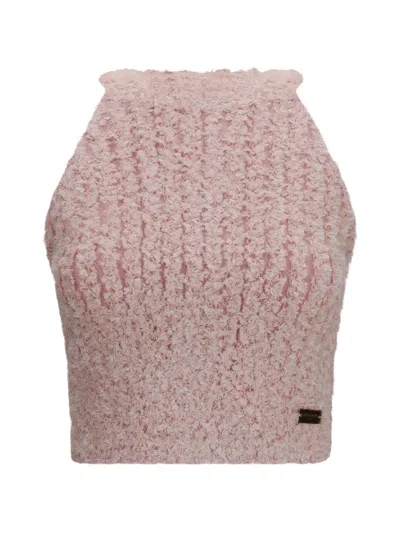 Balmain Halterneck Knit Tweed Top In Pink